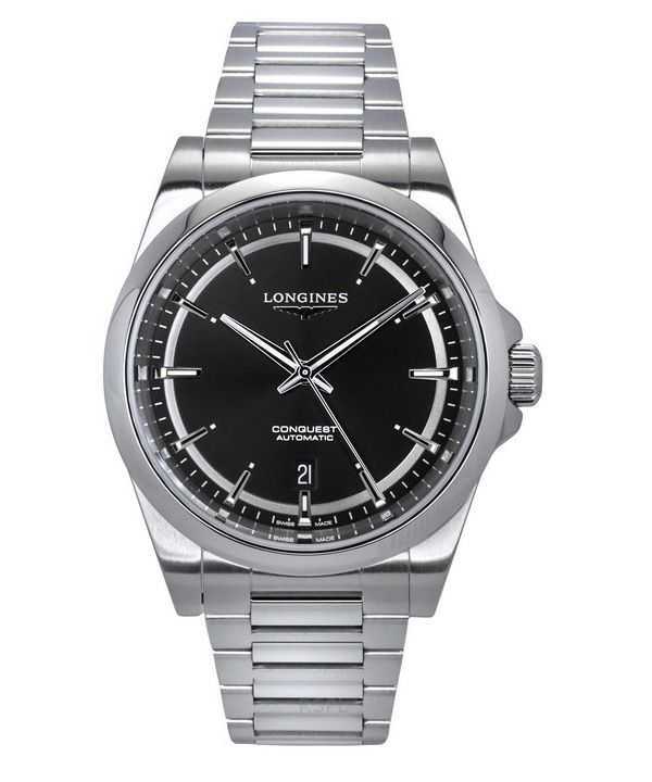 Orologio da uomo Longines Conquest in acciaio inossidabile Sunray quadrante nero automatico L3.830.4.52.6 100M