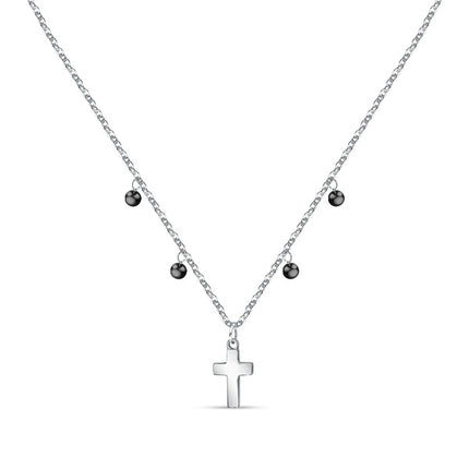 Collana con croce in acciaio La Petite Story con zircone trasparente e perline nere LPS10ASF07 per donna