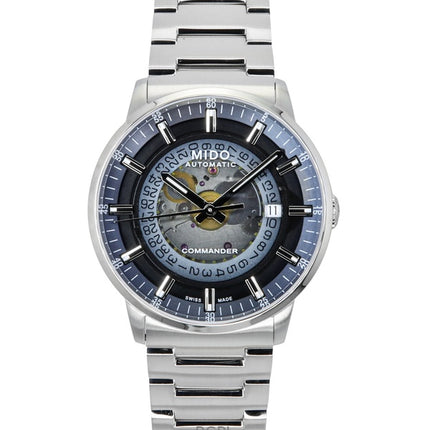 Orologio da uomo Mido Commander Gradient in acciaio inossidabile con quadrante scheletrato blu automatico M021.407.11.411.01