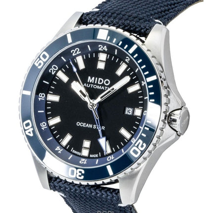 Orologio da uomo Mido Ocean Star GMT con cinturino in tessuto e quadrante nero, automatico, subacqueo, M026.629.17.051.00, 200 m