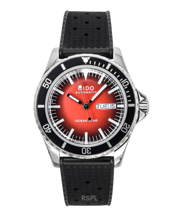 Orologio da uomo Mido Ocean Star Tribute Gradient con cinturino in gomma e quadrante rosso, automatico, subacqueo, M026.830.17.421.00, 200 m