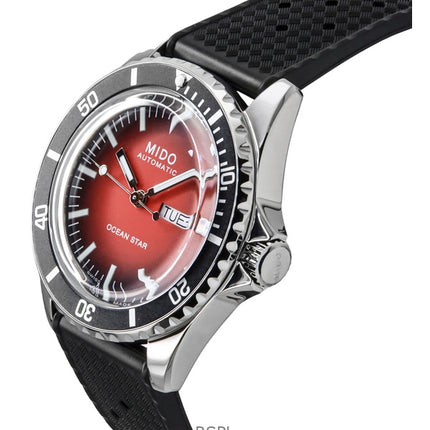 Orologio da uomo Mido Ocean Star Tribute Gradient con cinturino in gomma e quadrante rosso, automatico, subacqueo, M026.830.17.421.00, 200 m