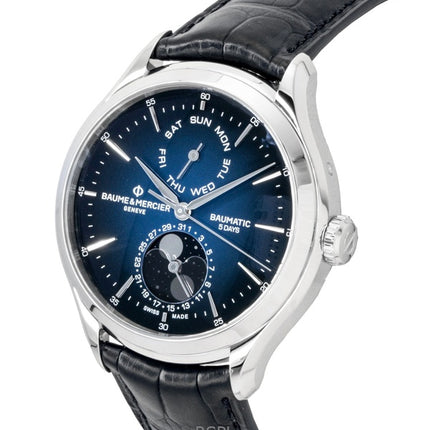 Orologio da uomo Baume &amp; Mercier Clifton con cinturino in pelle, fasi lunari, quadrante blu, automatico M0A10593
