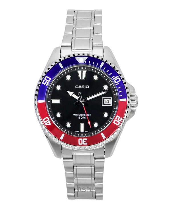 Casio Standard Analog Pepsi Bezel Acciaio inossidabile Quadrante nero Quarzo Orologio da uomo MDV-10D-1A3