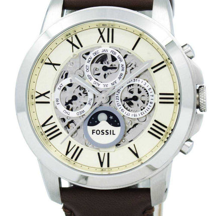 Orologio da uomo con quadrante bianco in scheletro automatico Fossil Grant ME3027 in pelle marrone