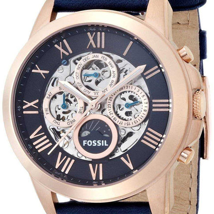 Orologio da uomo Fossil Grant Automatic Blue Skeleton Dial blu in pelle ME3029