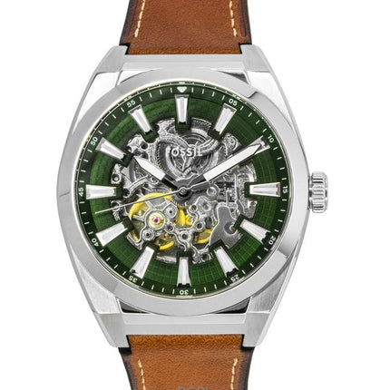 Orologio da uomo Fossil Everett con cinturino in pelle marrone e quadrante scheletrato verde, automatico ME3261
