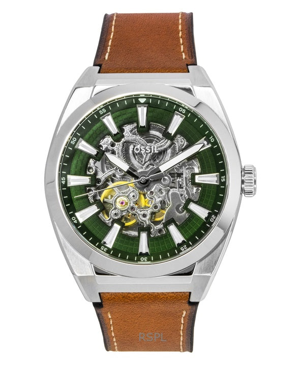 Orologio da uomo Fossil Everett con cinturino in pelle marrone e quadrante scheletrato verde, automatico ME3261