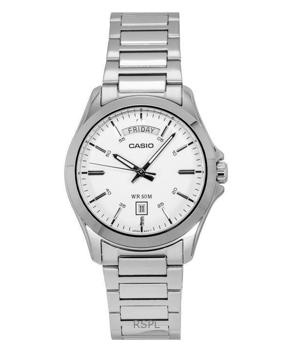 Orologio da uomo Casio Standard Analogico in acciaio inossidabile con quadrante bianco al quarzo MTP-1370D-7A3V