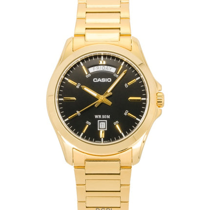 Orologio da uomo Casio Standard Analogico in acciaio inossidabile color oro con quadrante nero al quarzo MTP-1370G-1AV