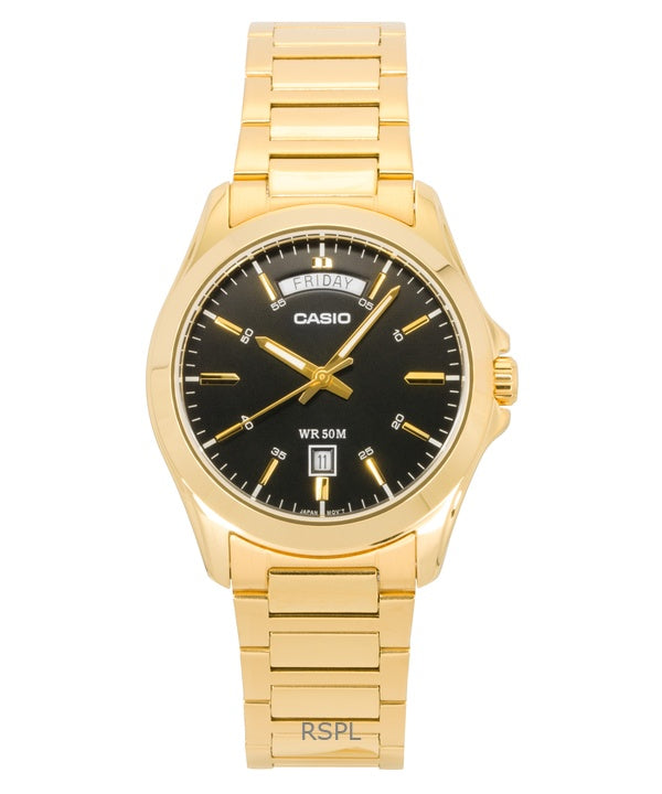 Orologio da uomo Casio Standard Analogico in acciaio inossidabile color oro con quadrante nero al quarzo MTP-1370G-1AV