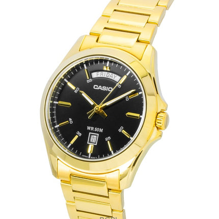 Orologio da uomo Casio Standard Analogico in acciaio inossidabile color oro con quadrante nero al quarzo MTP-1370G-1AV