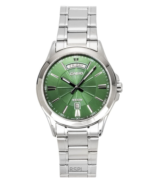 Orologio da uomo Casio Standard Analogico in acciaio inossidabile con quadrante verde al quarzo MTP-1381D-3AV