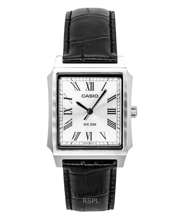 Orologio da uomo Casio analogico con cinturino in pelle, quadrante argentato e movimento al quarzo, modello MTP-B190L-7BV