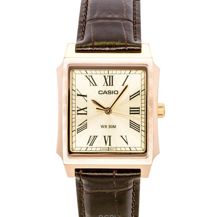 Orologio da uomo Casio analogico con cinturino in pelle e quadrante dorato, movimento al quarzo, modello MTP-B190RGL-9BV.