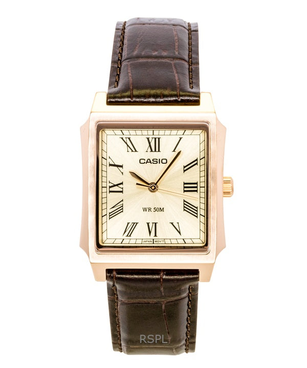 Orologio da uomo Casio analogico con cinturino in pelle e quadrante dorato, movimento al quarzo, modello MTP-B190RGL-9BV.