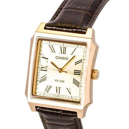 Orologio da uomo Casio analogico con cinturino in pelle e quadrante dorato, movimento al quarzo, modello MTP-B190RGL-9BV.