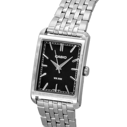 Orologio da uomo Casio analogico al quarzo con quadrante nero e cassa in acciaio inossidabile, modello MTP-B215D-1AV