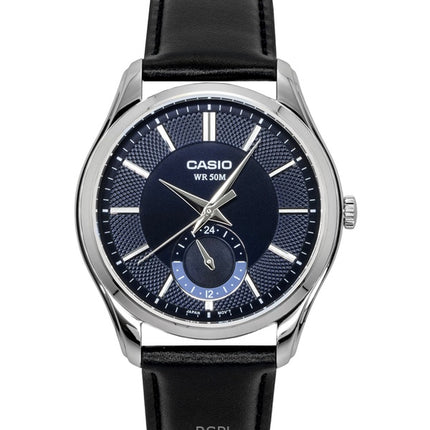 Orologio da uomo Casio analogico con cinturino in pelle e quadrante blu, movimento al quarzo, modello MTP-B315L-2AV.