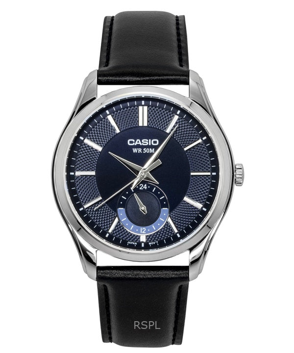 Orologio da uomo Casio analogico con cinturino in pelle e quadrante blu, movimento al quarzo, modello MTP-B315L-2AV.