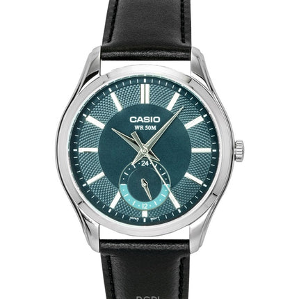 Orologio da uomo Casio analogico con cinturino in pelle e quadrante verde, movimento al quarzo, modello MTP-B315L-3AV