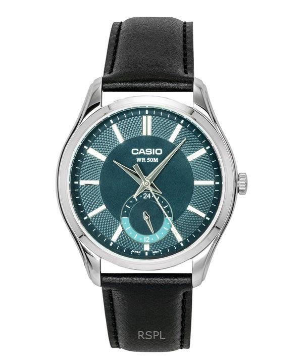 Orologio da uomo Casio analogico con cinturino in pelle e quadrante verde, movimento al quarzo, modello MTP-B315L-3AV