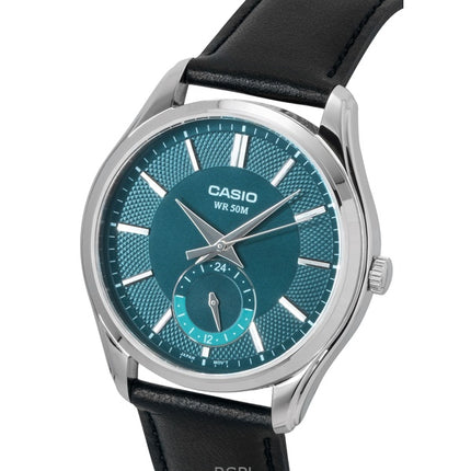 Orologio da uomo Casio analogico con cinturino in pelle e quadrante verde, movimento al quarzo, modello MTP-B315L-3AV