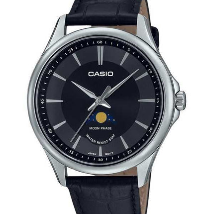 Orologio da uomo Casio analogico standard con fasi lunari, cinturino in pelle quadrante nero al quarzo MTP-M100L-1A