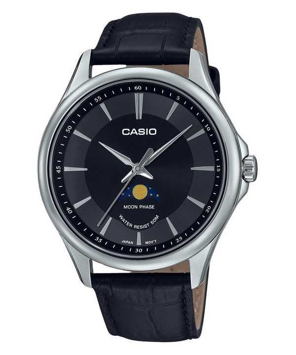 Orologio da uomo Casio analogico standard con fasi lunari, cinturino in pelle quadrante nero al quarzo MTP-M100L-1A
