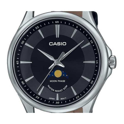 Orologio da uomo Casio analogico standard con fasi lunari, cinturino in pelle quadrante nero al quarzo MTP-M100L-1A