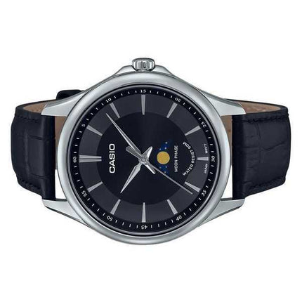 Orologio da uomo Casio analogico standard con fasi lunari, cinturino in pelle quadrante nero al quarzo MTP-M100L-1A