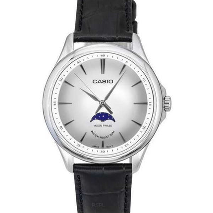 Orologio da uomo Casio analogico standard con fasi lunari, cinturino in pelle, quadrante argentato, quarzo MTP-M100L-7A