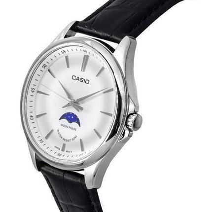 Orologio da uomo Casio analogico standard con fasi lunari, cinturino in pelle, quadrante argentato, quarzo MTP-M100L-7A