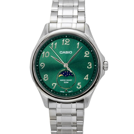 Orologio da uomo Casio Standard Analogico con fasi lunari, in acciaio inossidabile, quadrante verde, al quarzo MTP-M110D-3AV