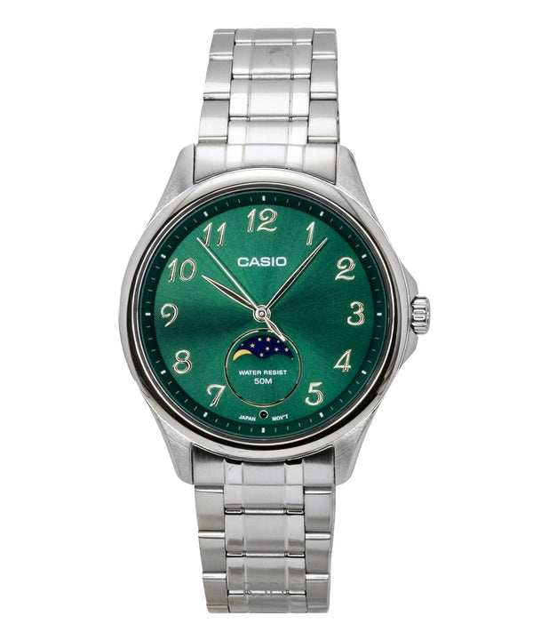 Orologio da uomo Casio Standard Analogico con fasi lunari, in acciaio inossidabile, quadrante verde, al quarzo MTP-M110D-3AV