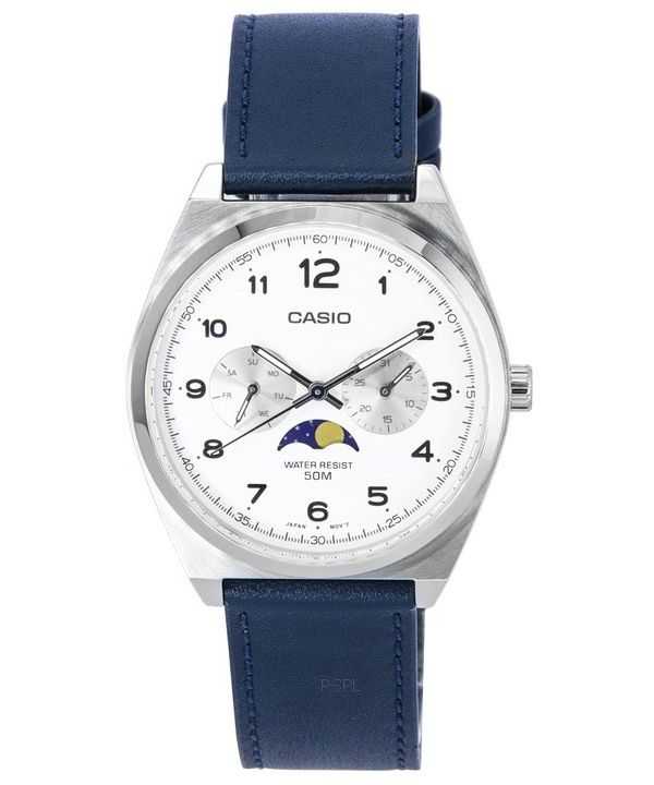 Orologio da uomo Casio standard analogico con fasi lunari quadrante bianco con cinturino in pelle al quarzo MTP-M300L-7A MTPM300