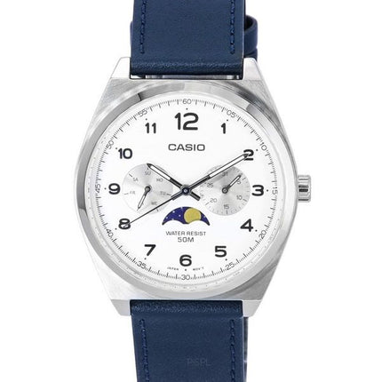 Orologio da uomo Casio Standard Analogico con fasi lunari, quadrante bianco, cinturino in pelle, al quarzo MTP-M300L-7A MTPM300L-7, ricondizionato