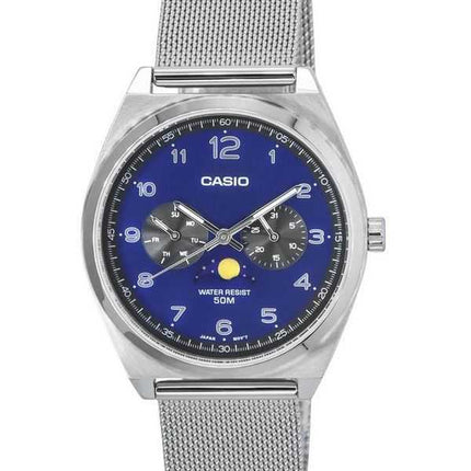 Orologio da uomo Casio analogico standard con cinturino a maglie in acciaio inossidabile con fasi lunari quadrante blu al quarzo