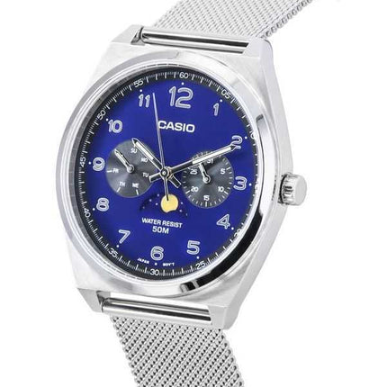 Orologio da uomo Casio analogico standard con cinturino a maglie in acciaio inossidabile con fasi lunari quadrante blu al quarzo