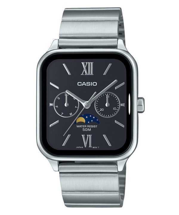 Orologio da uomo Casio Standard Analog Moon Phase in acciaio inossidabile con quadrante nero al quarzo MTP-M305D-1A2V