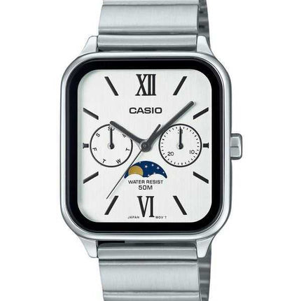Orologio da uomo Casio Standard Analog Moon Phase in acciaio inossidabile con quadrante bianco al quarzo MTP-M305D-7A2V