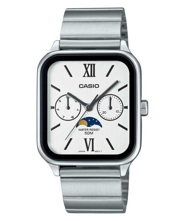 Orologio da uomo Casio Standard Analog Moon Phase in acciaio inossidabile con quadrante bianco al quarzo MTP-M305D-7A2V
