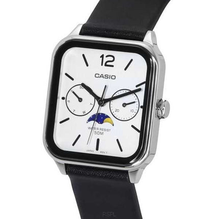 Orologio da uomo Casio standard analogico con fasi lunari, cinturino in pelle, quadrante bianco, quarzo MTP-M305L-7A