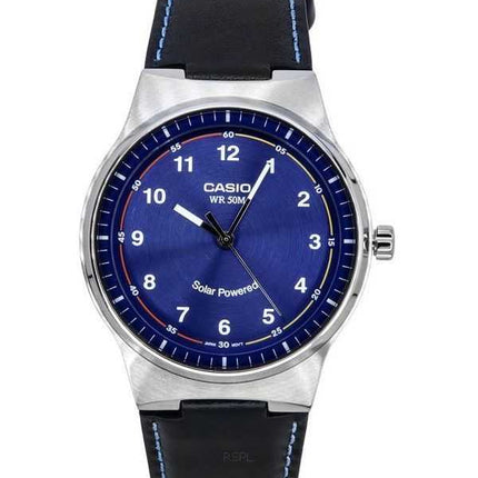 Orologio da uomo Casio standard analogico cinturino in pelle quadrante blu ad energia solare MTP-RS105L-2B