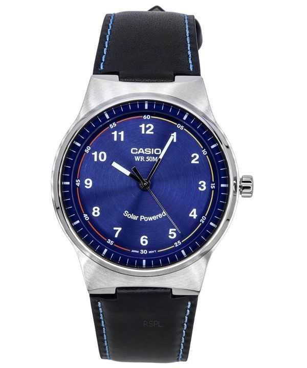 Orologio da uomo Casio standard analogico cinturino in pelle quadrante blu ad energia solare MTP-RS105L-2B