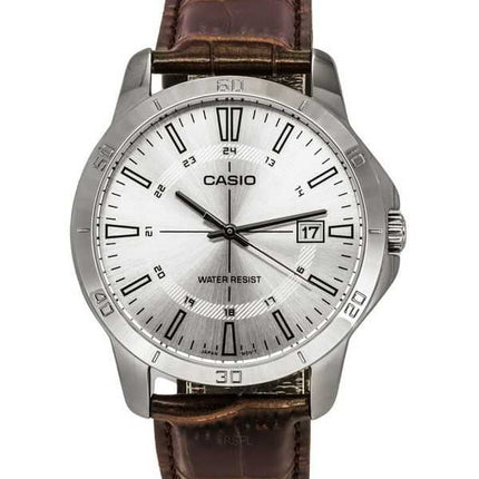 Orologio da uomo Casio analogico standard con cinturino in pelle marrone quadrante argento al quarzo MTP-V004L-7C