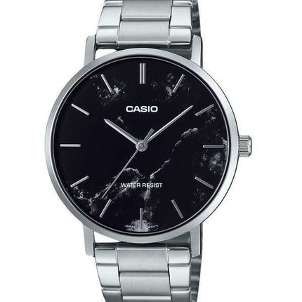 Orologio da uomo Casio Standard Analogico in acciaio inossidabile con quadrante nero ispirato al marmo e al quarzo MTP-VT01DM-1A