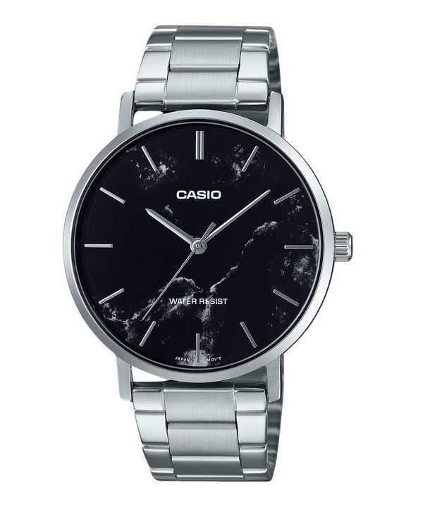Orologio da uomo Casio Standard Analogico in acciaio inossidabile con quadrante nero ispirato al marmo e al quarzo MTP-VT01DM-1A