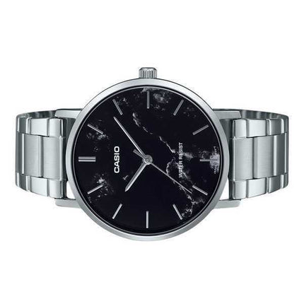 Orologio da uomo Casio Standard Analogico in acciaio inossidabile con quadrante nero ispirato al marmo e al quarzo MTP-VT01DM-1A