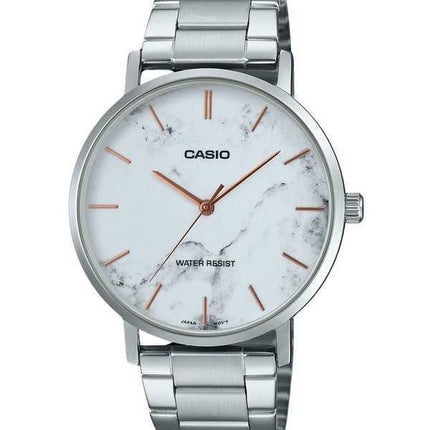 Orologio da uomo Casio Standard Analogico in acciaio inossidabile con quadrante bianco ispirato al marmo al quarzo MTP-VT01DM-7A